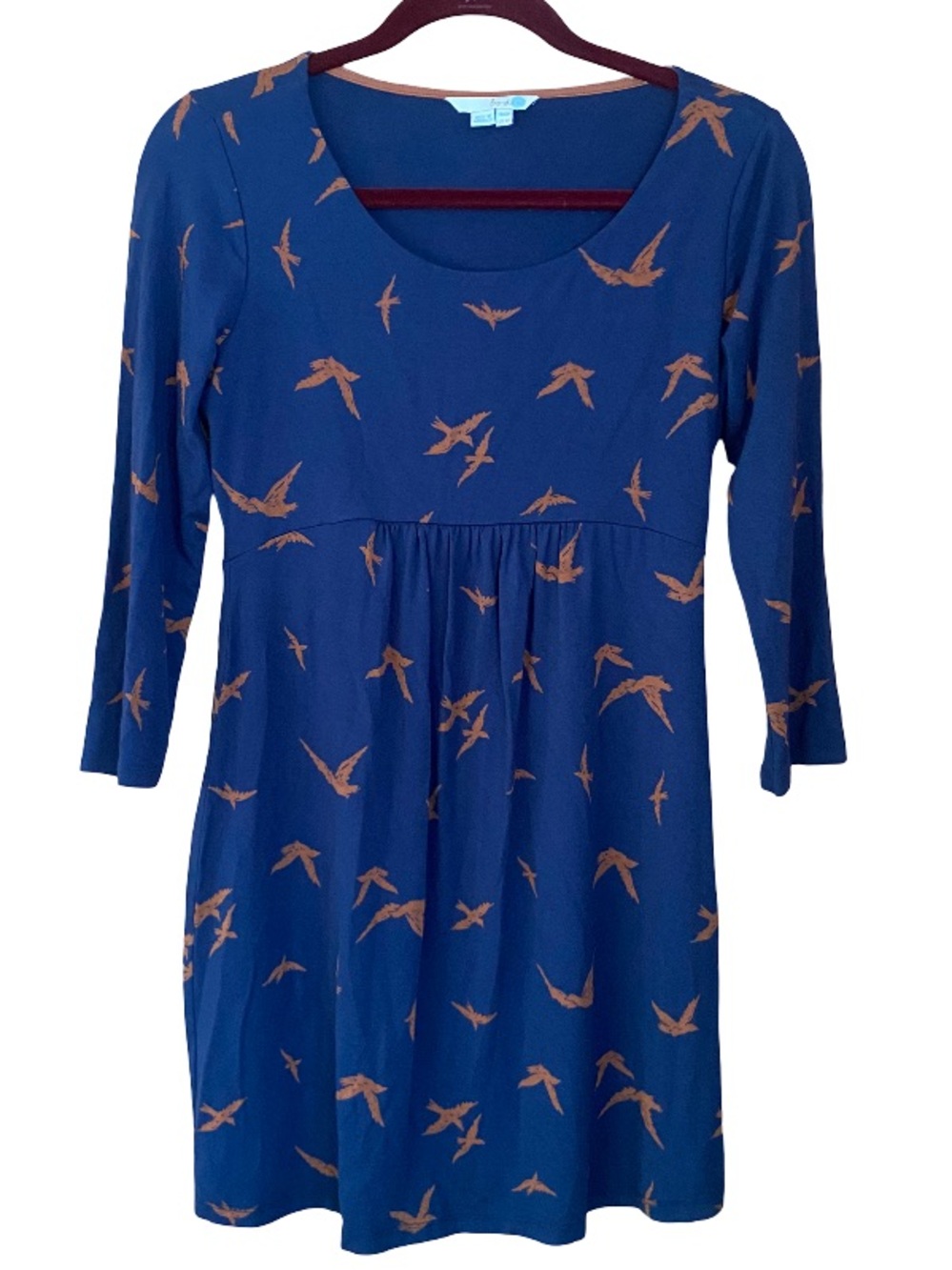 Boden blue bird print jersey stretch whimsical mini dress size US 8 petite
